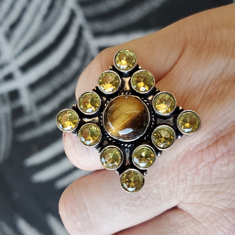 New Oversized Tiger Eye and Citrine 925 Silver Statement Ring. - Picture 3 of 8
